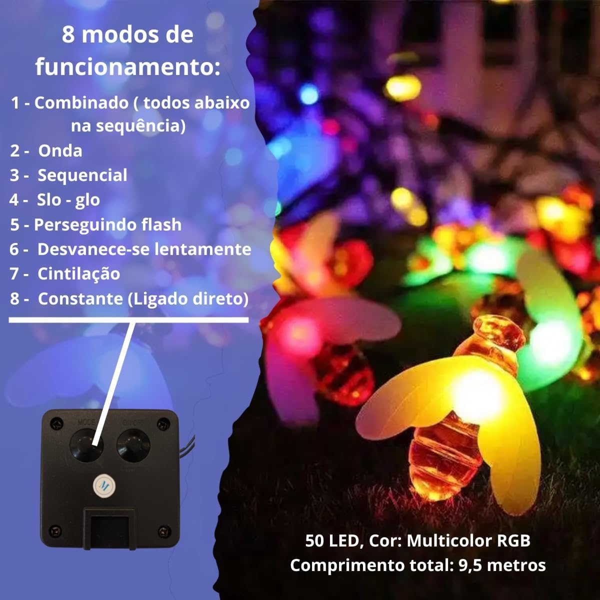 Pisca Pisca Led Solar 9,5 Metros 50 Luzes Decoração Externa A Prova D'Agua (Abelha, 3,5cm)